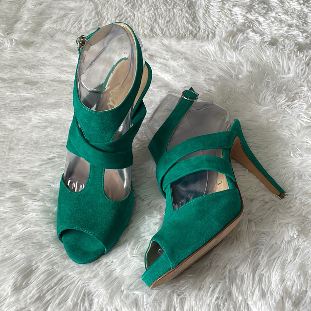 BUTTER Green Suede Strappy Peep Toe Stiletto Heel Size 7
